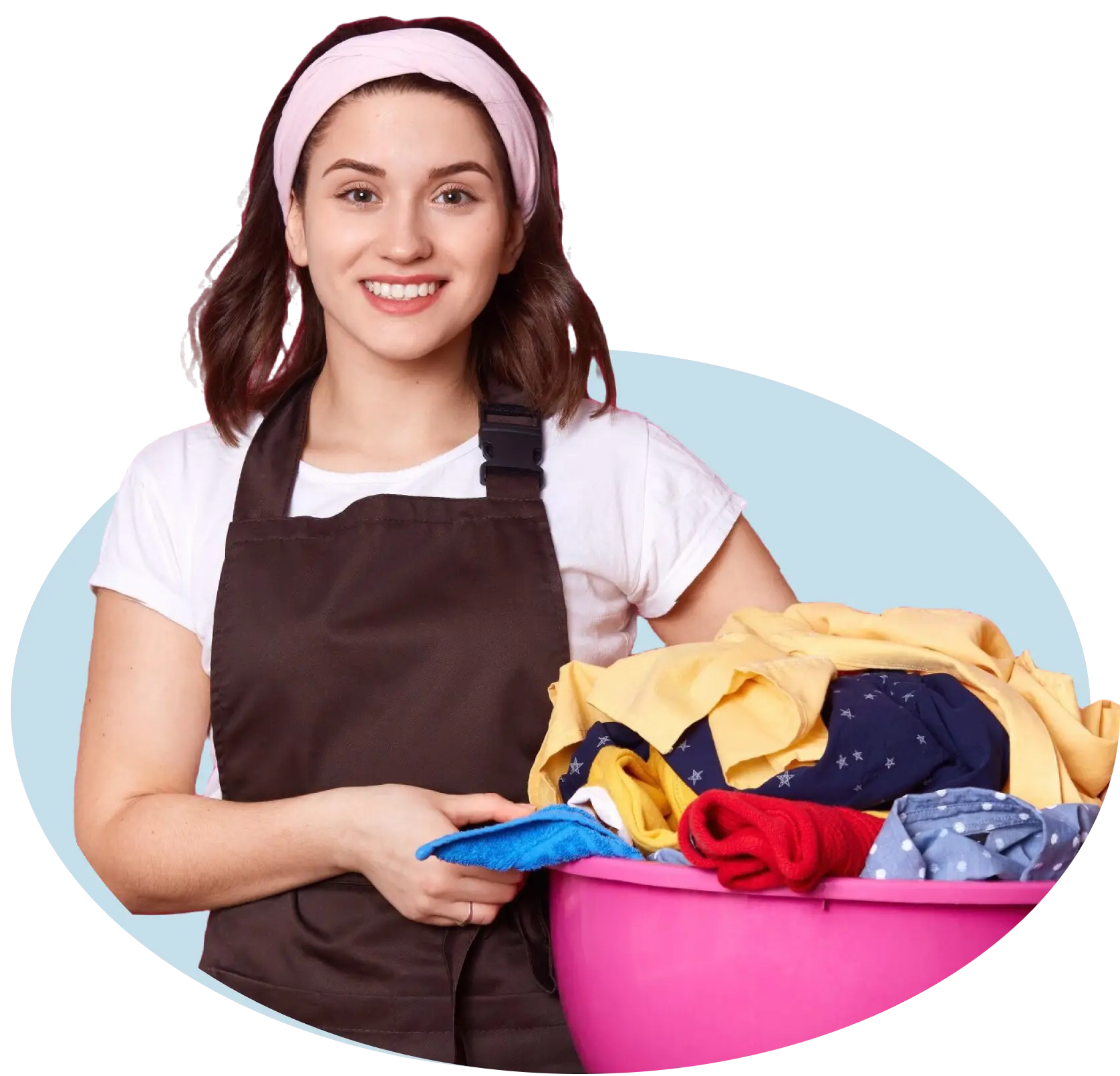 A person holding a basket of laundry.